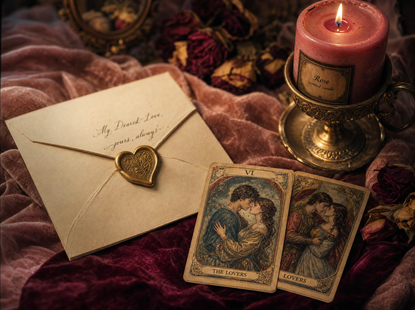 Lettera d'amore con sigillo dorato a cuore e Tarocchi degli Amanti su velluto rosa antico